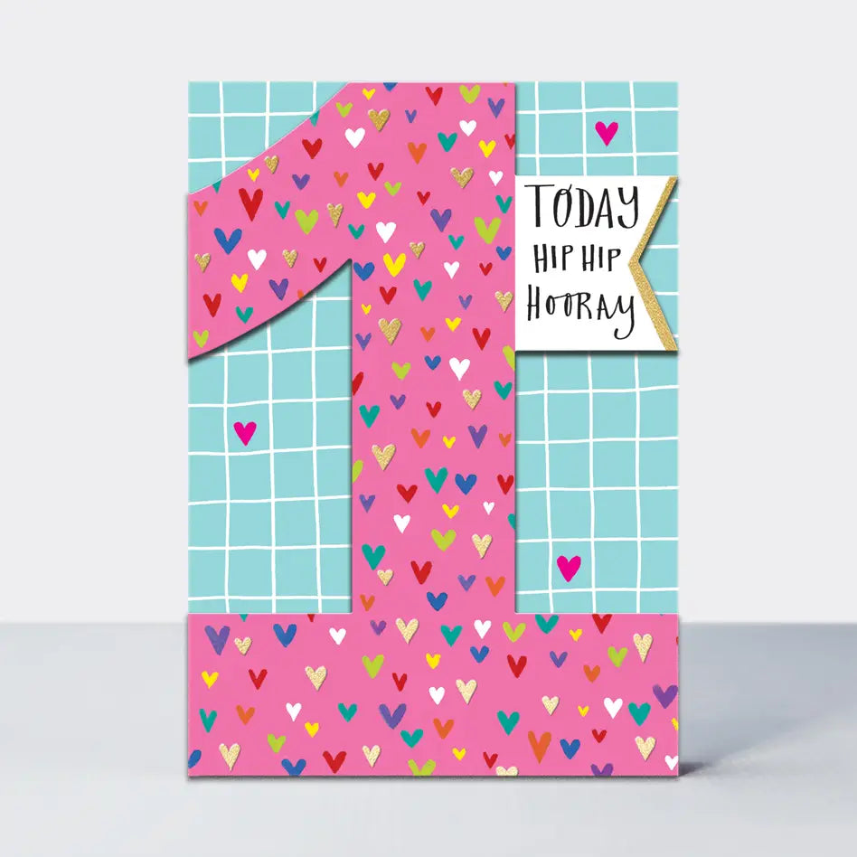 Bursdagskort Hip Hip Hooray Hjerter | 1 år